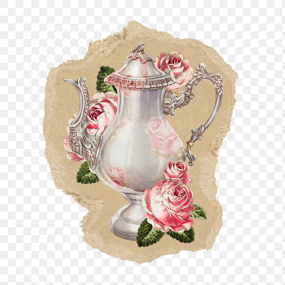 Rose coffee pot png sticker, ripped paper, transparent background