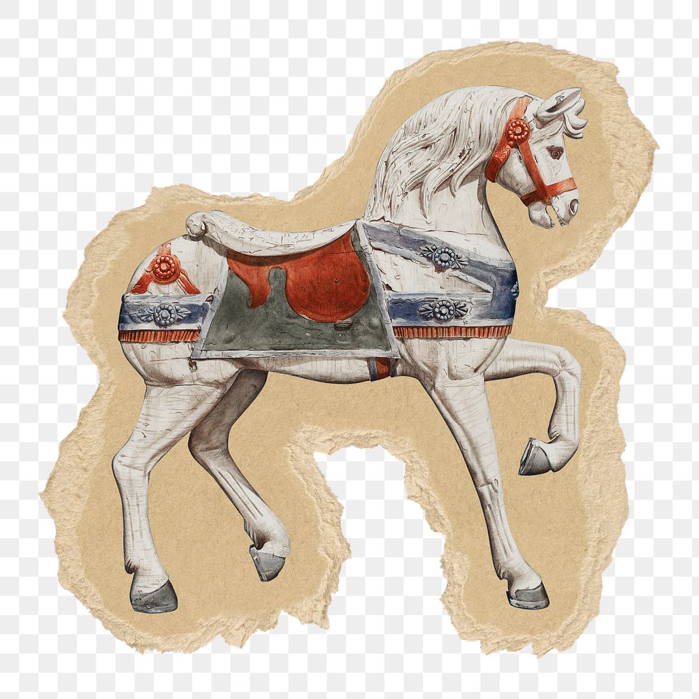 Carousel horse png sticker, ripped paper, transparent background