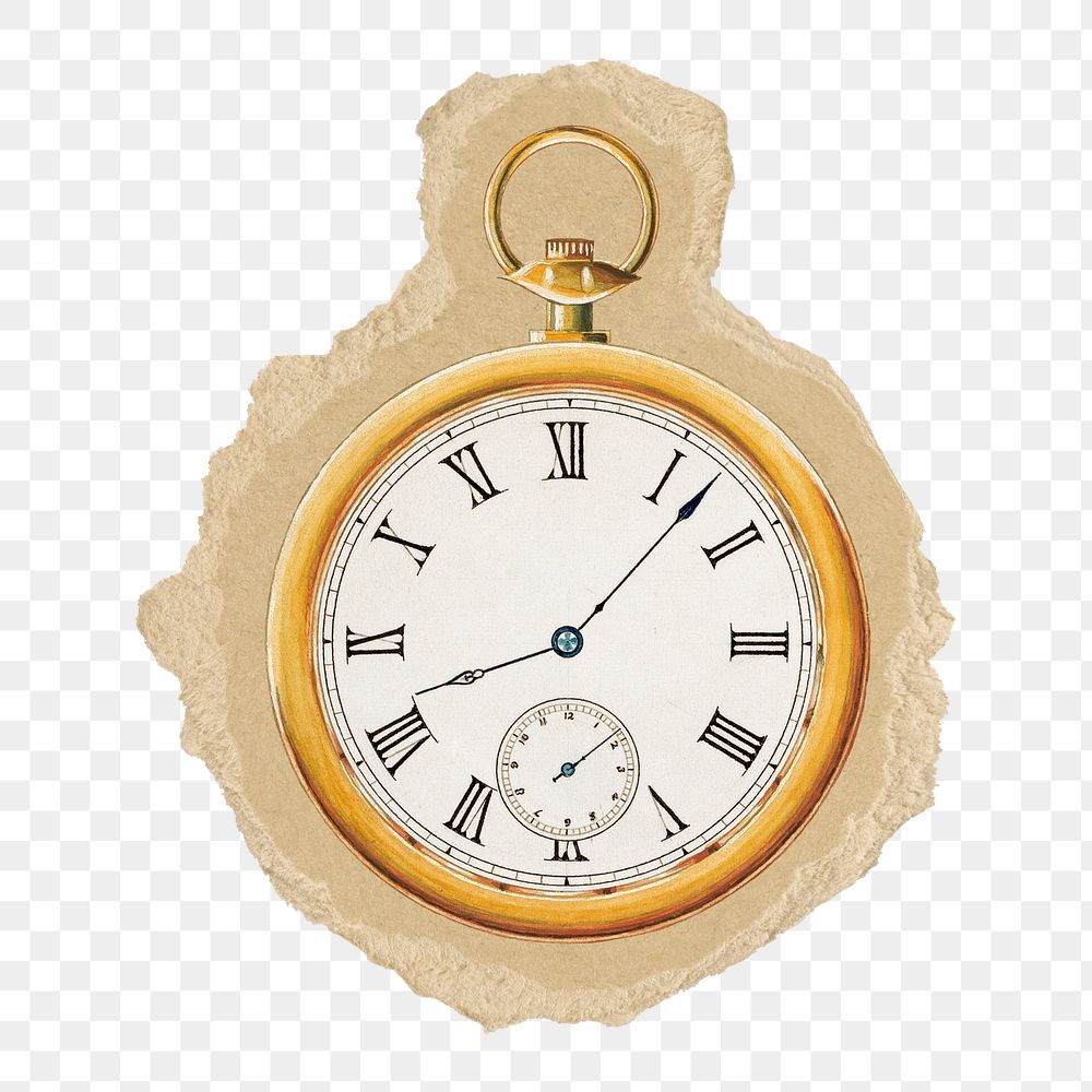 Pocket watch png sticker, ripped paper, transparent background