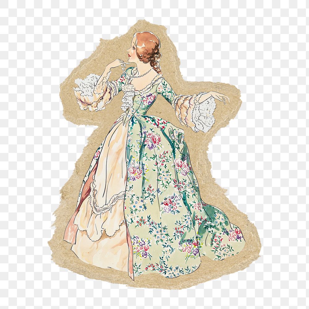 Victorian woman fashion png sticker, ripped paper, transparent background