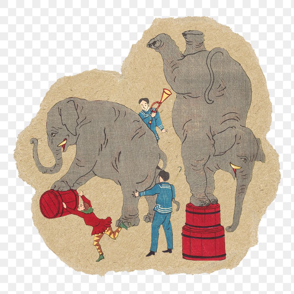 Elephants circus png sticker, ripped paper, transparent background