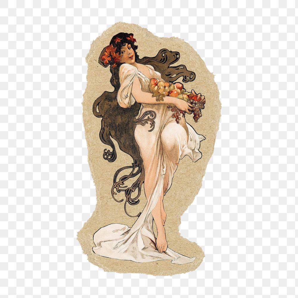 Alphonse Mucha's art nouveau woman png sticker, ripped paper, transparent background, remixed by rawpixel