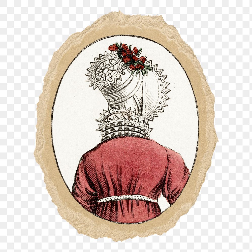 PNG victorian women's head dress sticker, ripped paper, transparent background