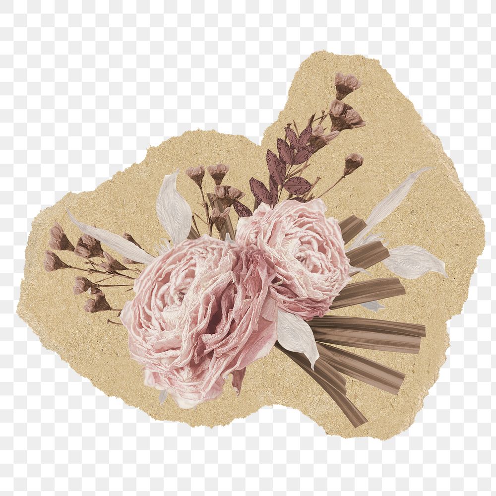 Pink roses png sticker, ripped paper, transparent background