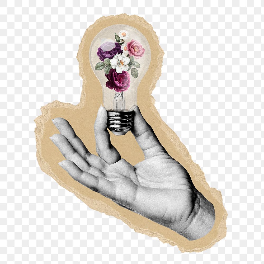 Hand holding bulb png sticker, ripped paper, transparent background