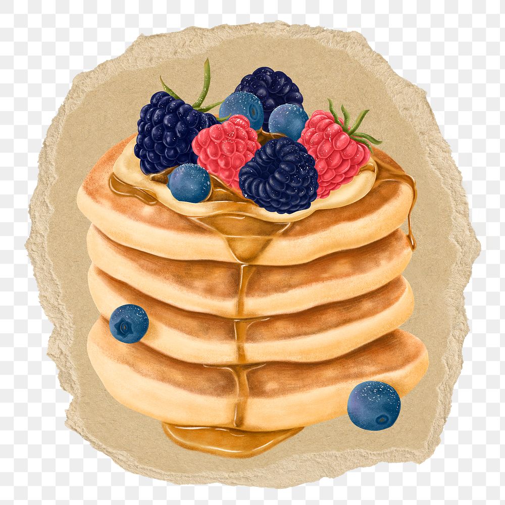 Mixed-berries pancakes png sticker, ripped paper, transparent background