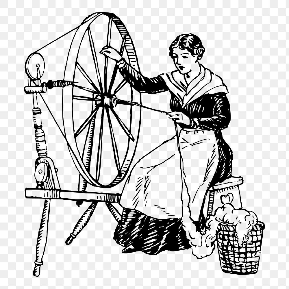 Spinning wheel lady png sticker, vintage illustration, transparent background. Free public domain CC0 image.