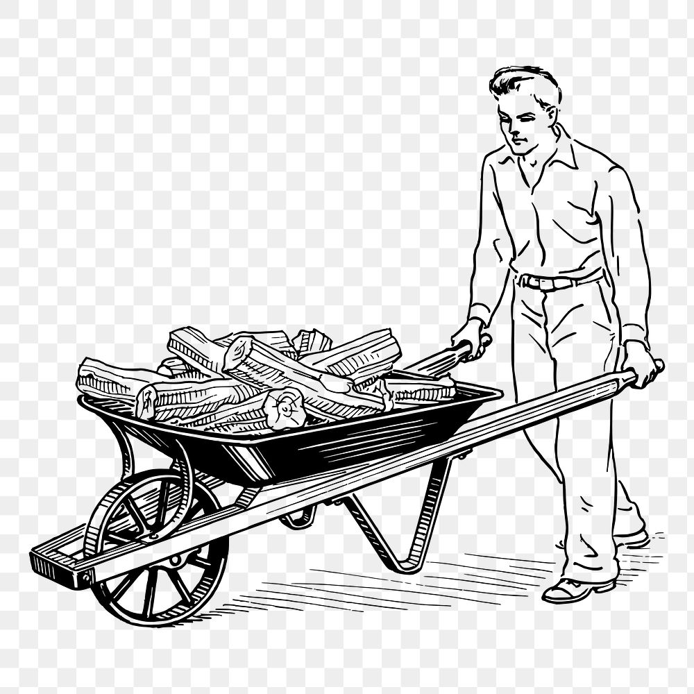 Man png with wheelbarrow sticker, vintage illustration, transparent background. Free public domain CC0 image.