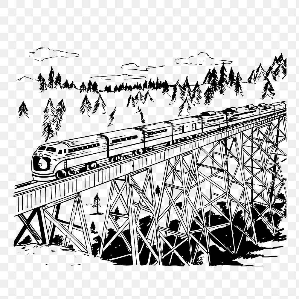 Train on trestle png sticker, vintage transportation illustration, transparent background. Free public domain CC0 image.