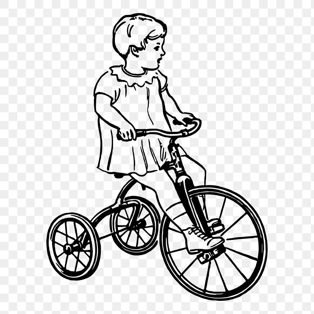 Girl riding bicycle png sticker, vintage transportation illustration, transparent background. Free public domain CC0 image.
