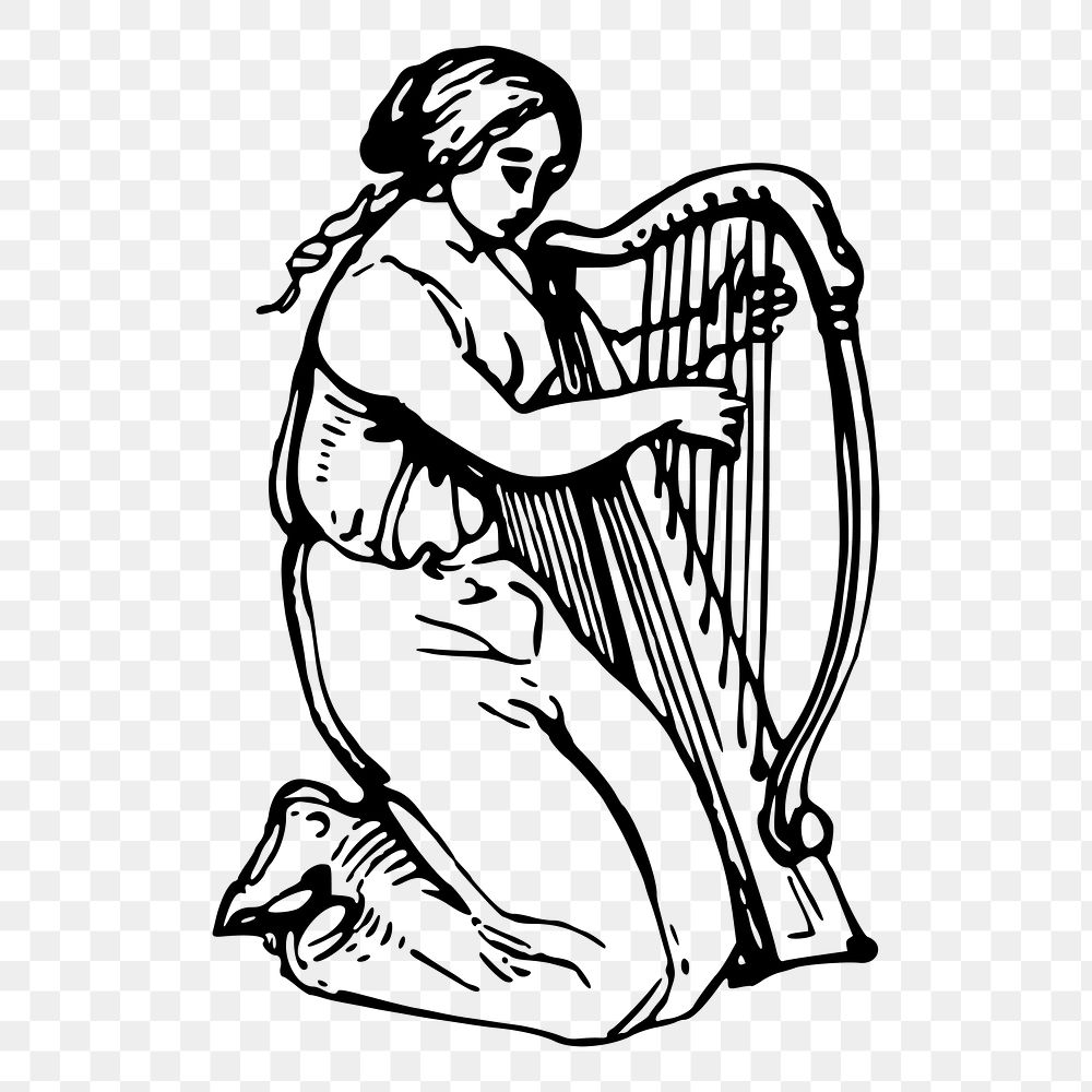 Woman playing harp png sticker illustration, transparent background. Free public domain CC0 image.