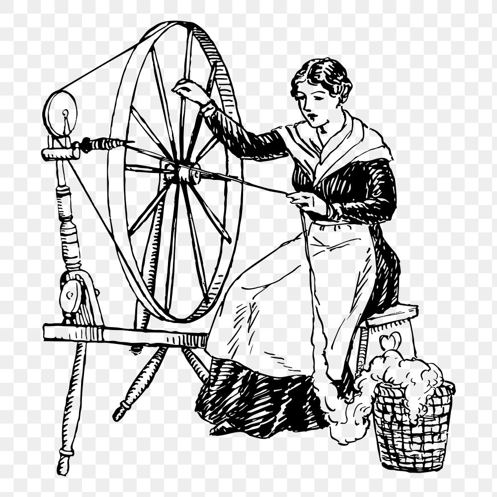 Woman at spinning wheel png sticker illustration, transparent background. Free public domain CC0 image.