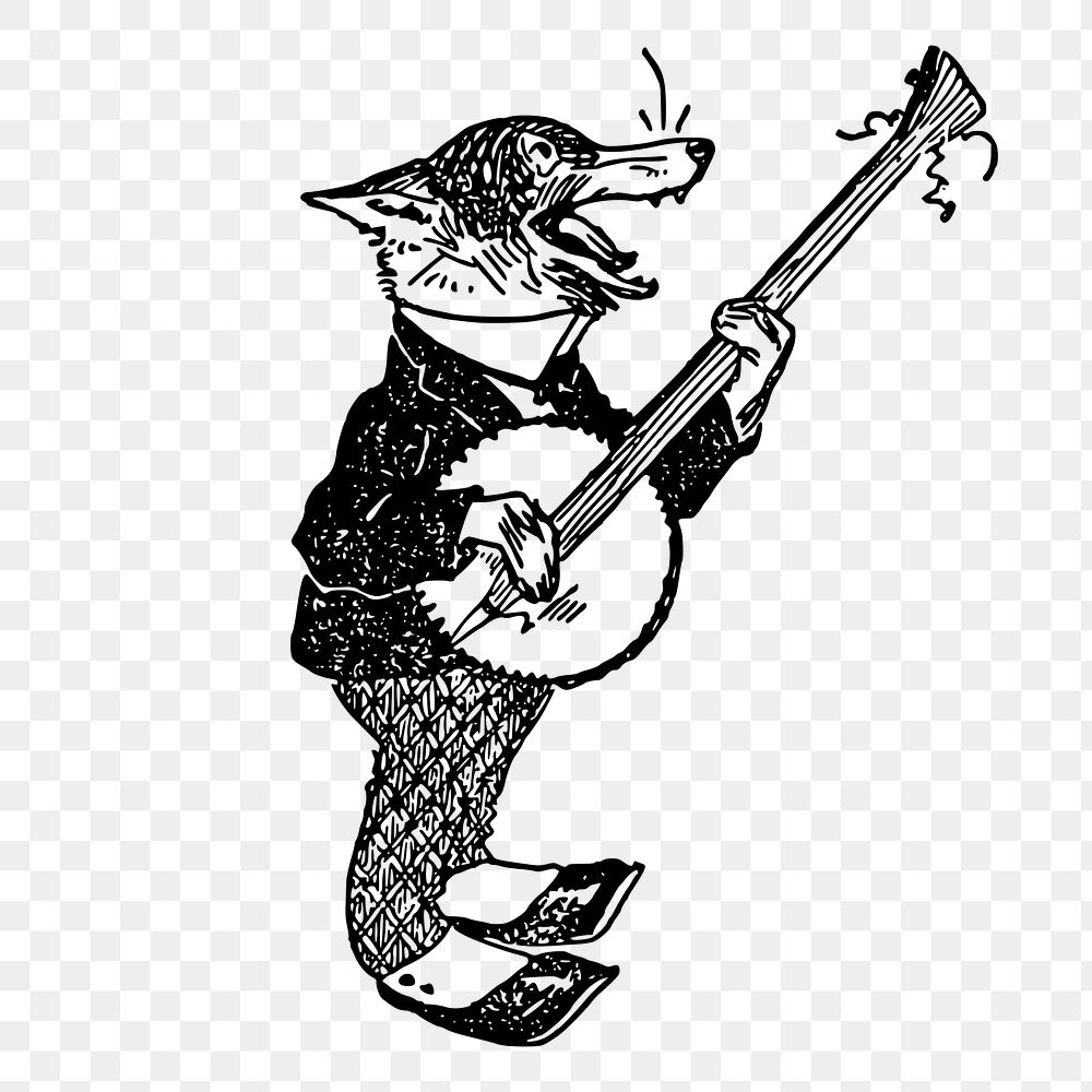 Fox playing banjo png sticker, vintage illustration, transparent background. Free public domain CC0 image.