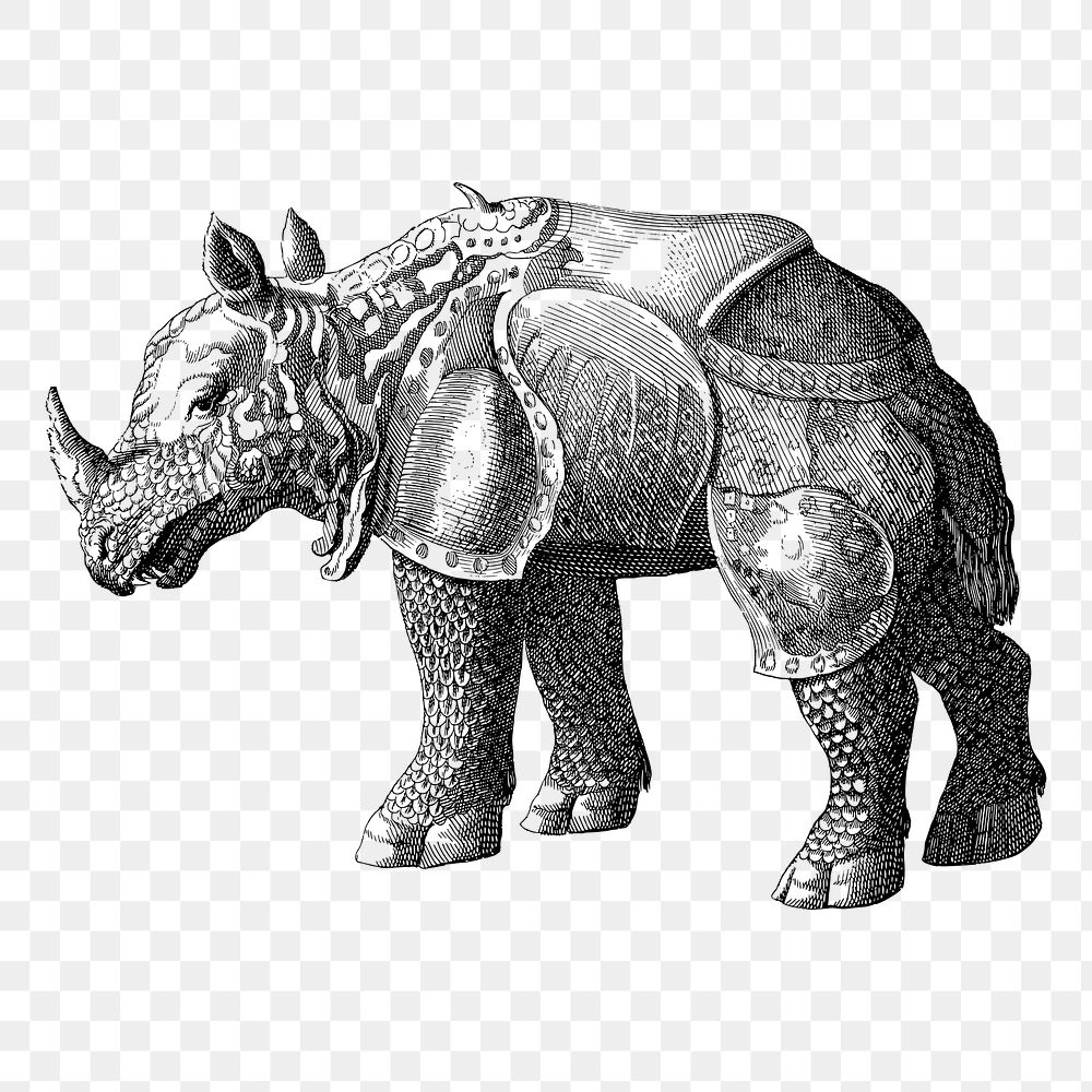 Rhinoceros armor png sticker, vintage illustration, transparent background. 