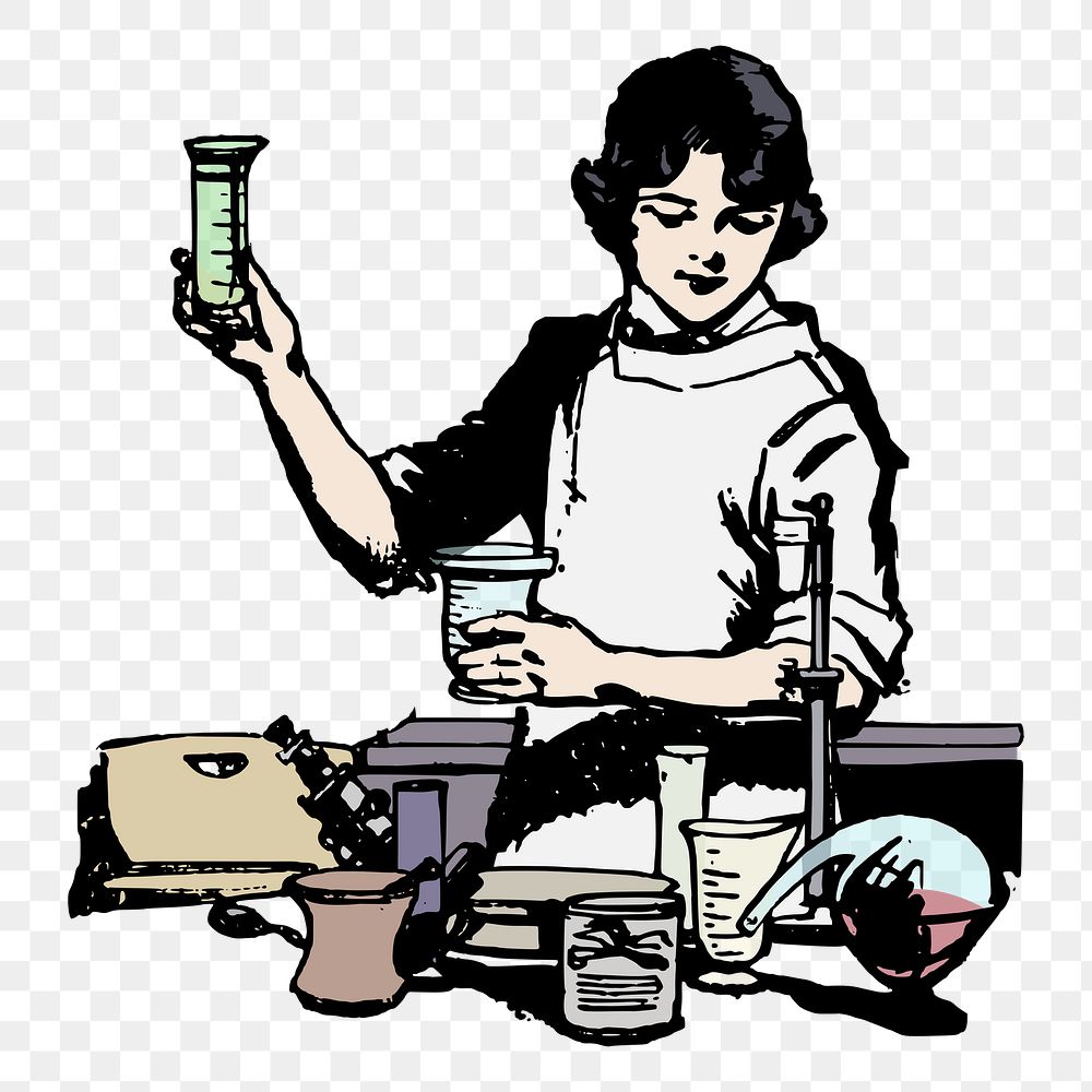 Female chemist png sticker, vintage illustration, transparent background. Free public domain CC0 image.