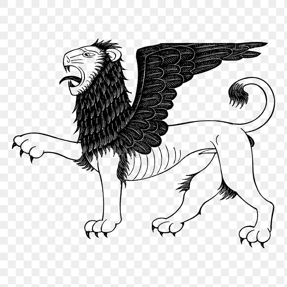 Mythical lion png sticker, vintage illustration, transparent background. Free public domain CC0 image.