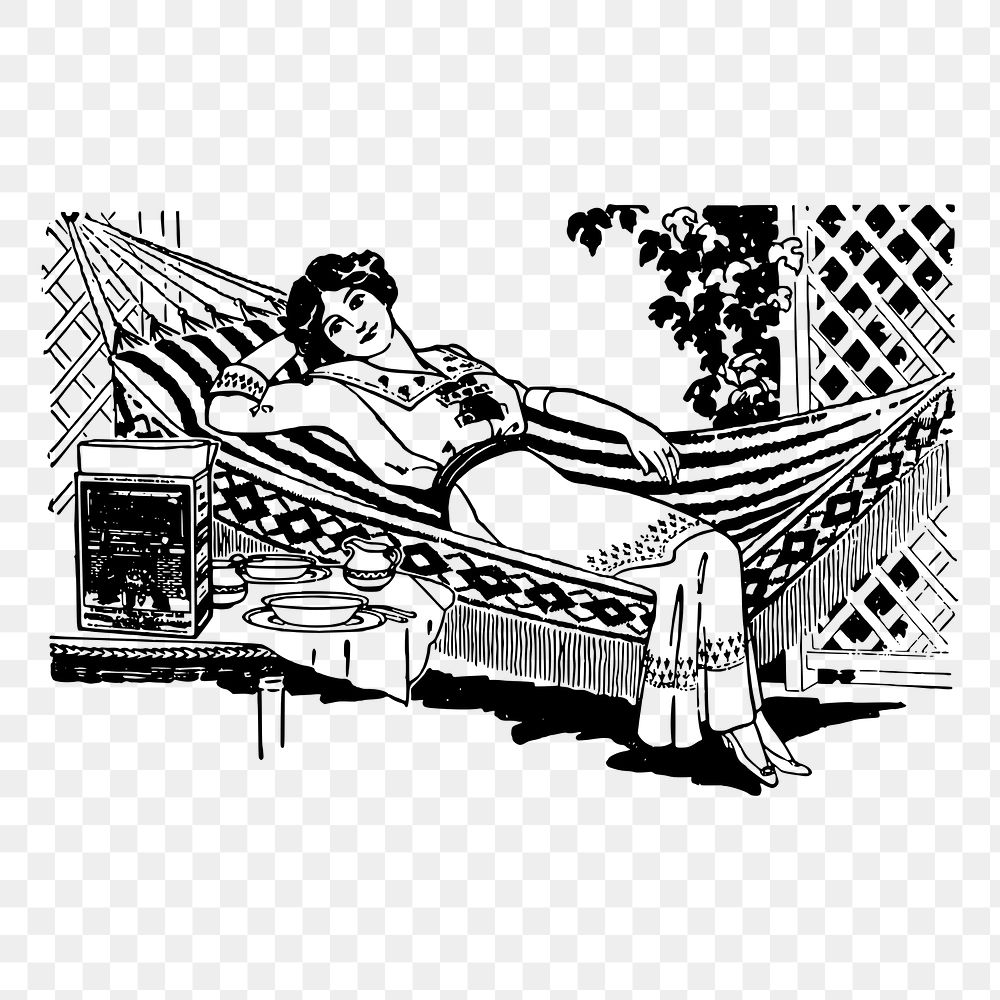 Woman on hammock  png sticker, vintage illustration, transparent background. Free public domain CC0 image.