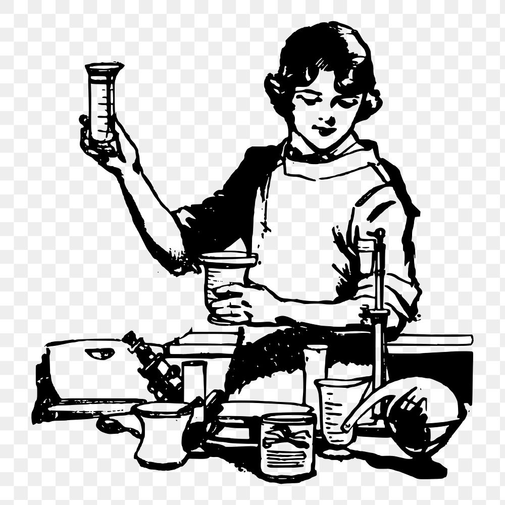 Female chemist png sticker, vintage illustration, transparent background. Free public domain CC0 image.