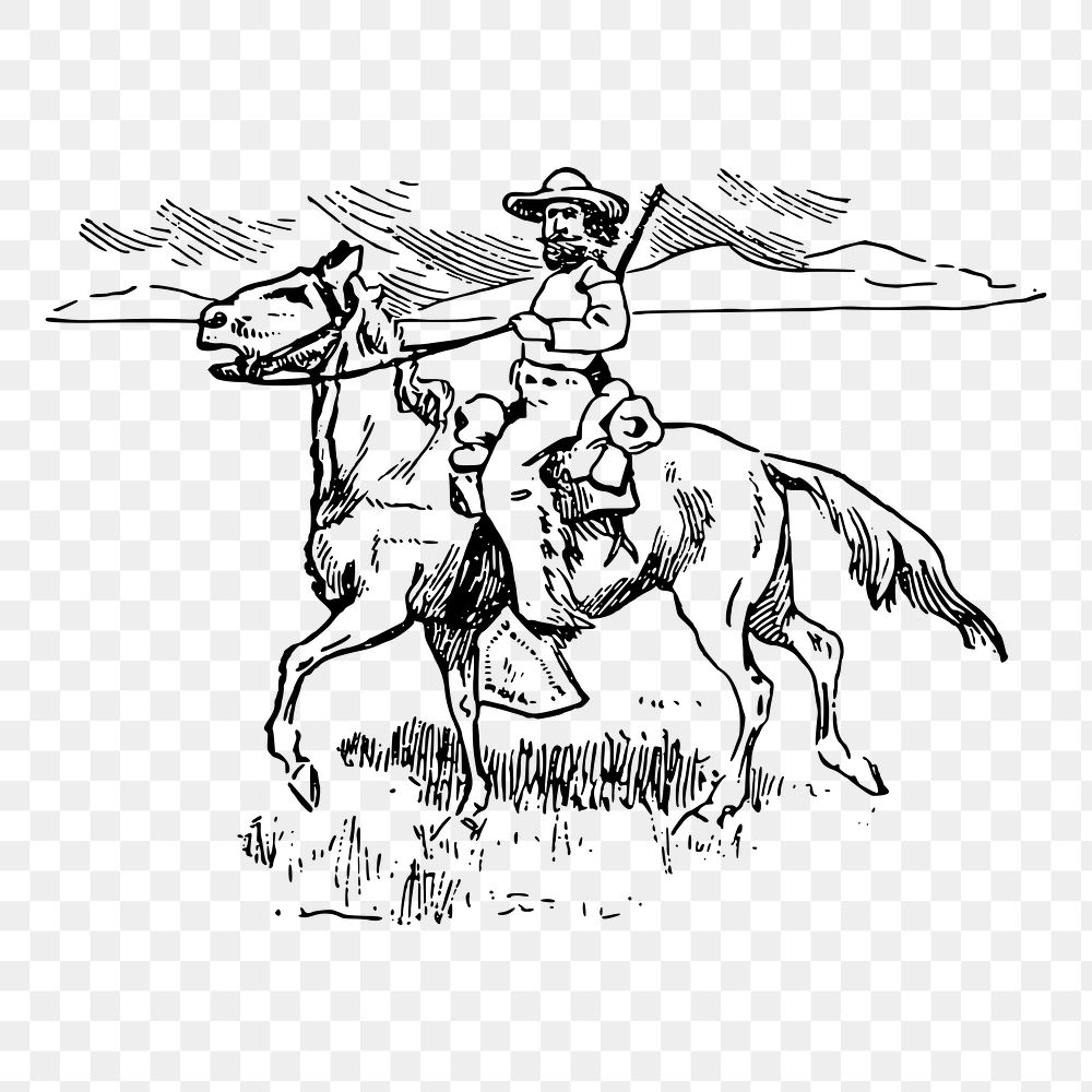 Cowboy riding horse png sticker, vintage illustration, transparent background. Free public domain CC0 image.