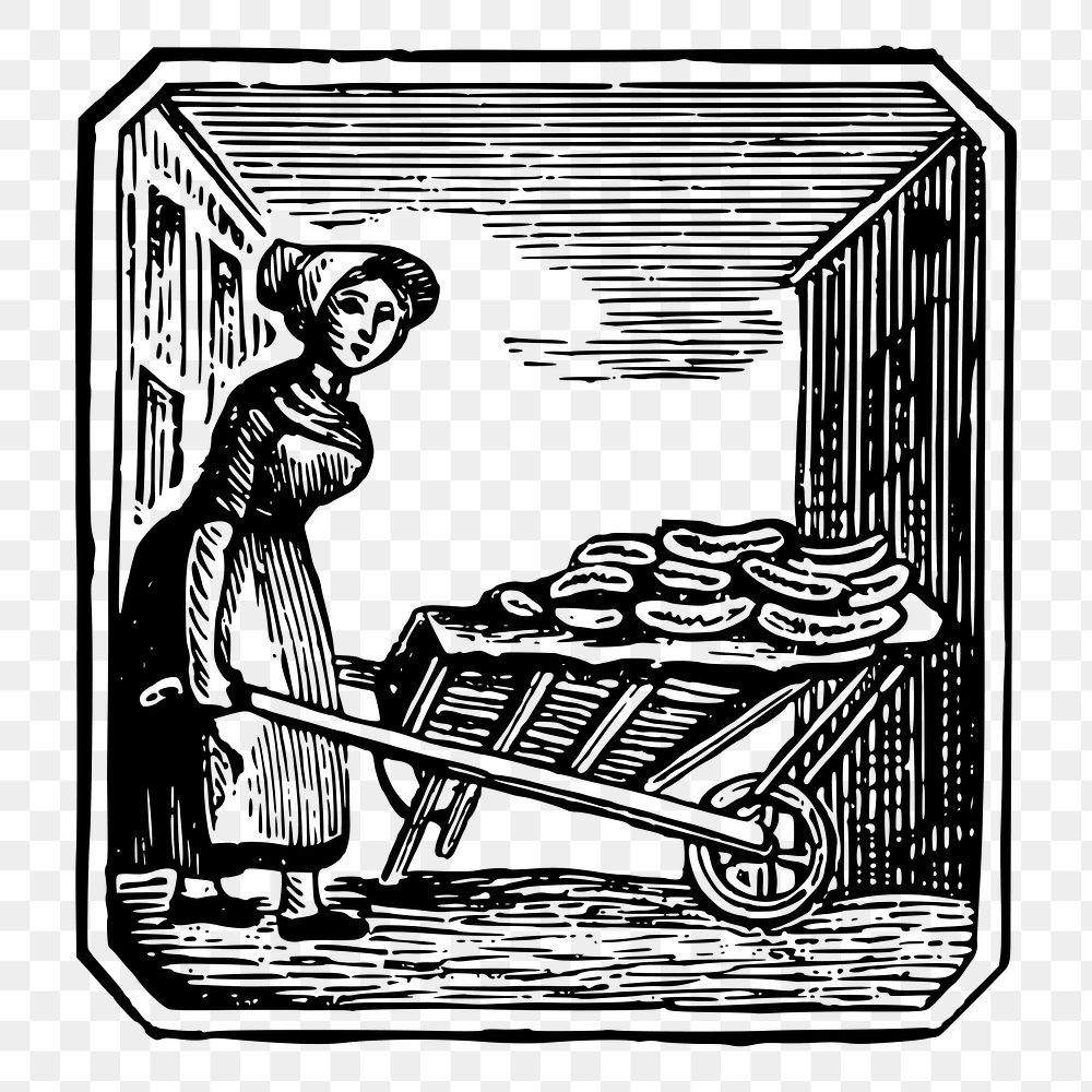 Woman pushing wheelbarrow png sticker illustration, transparent background. Free public domain CC0 image.