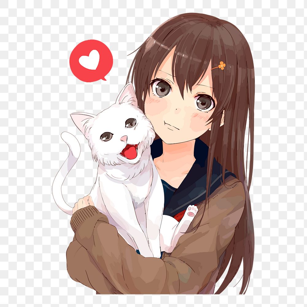 Png anime girl with cat sticker, transparent background. Free public domain CC0 image.