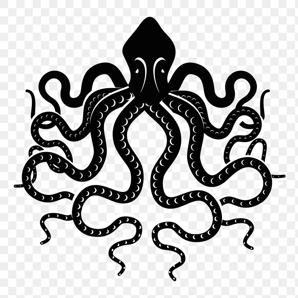 Octopus png sticker, black and white illustration, transparent background. Free public domain CC0 image.
