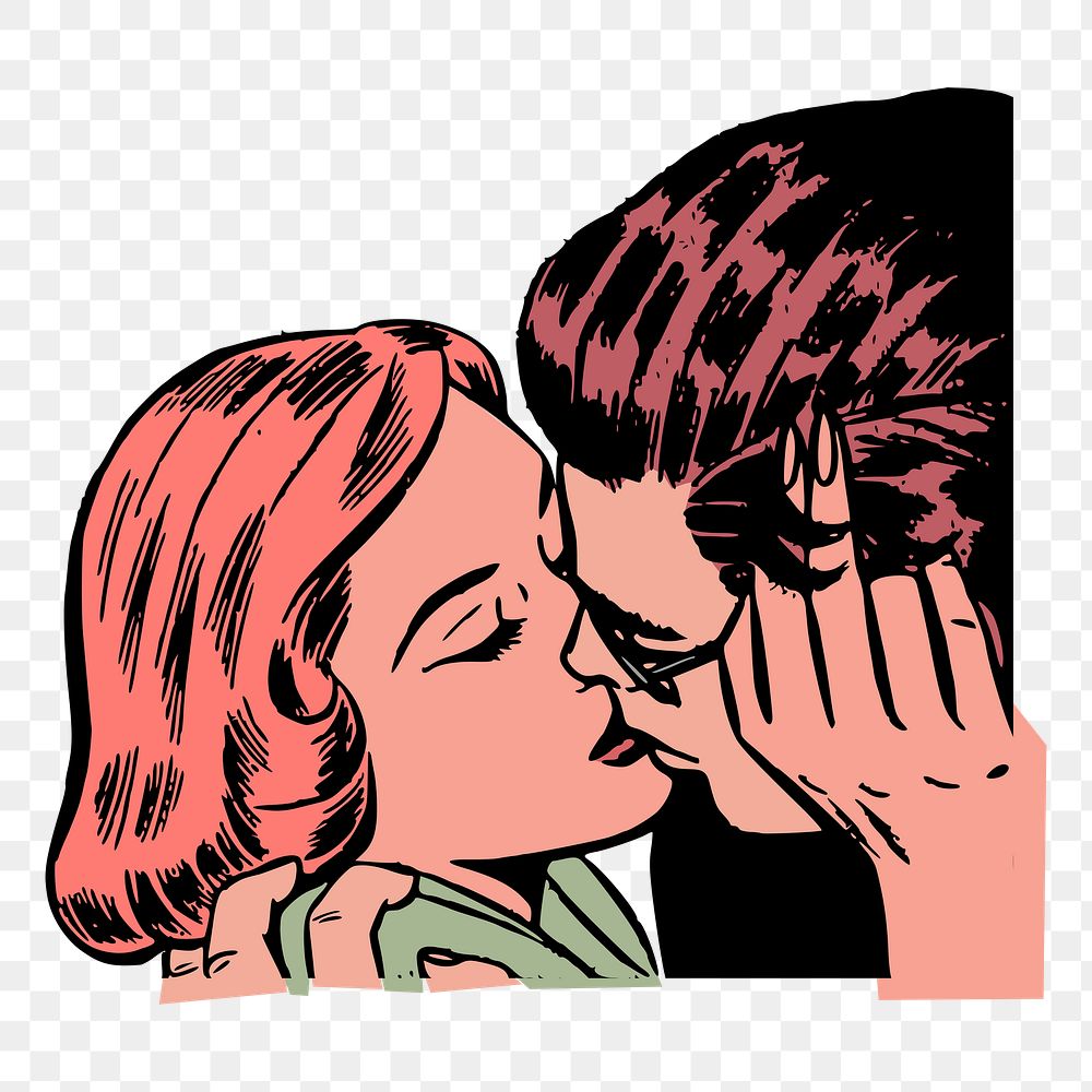 Png retro kissing couple sticker, transparent background. Free public domain CC0 image.