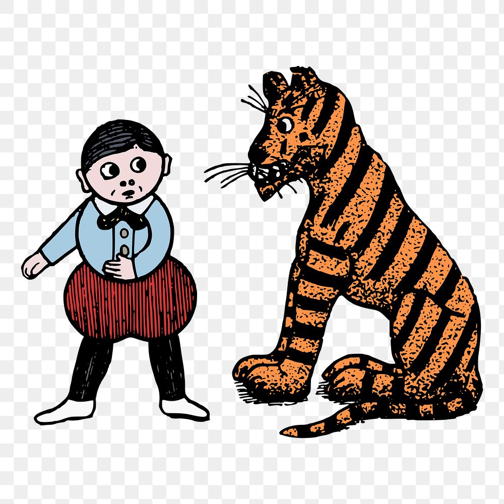 Man and tiger png sticker circus character illustration, transparent background. Free public domain CC0 image.