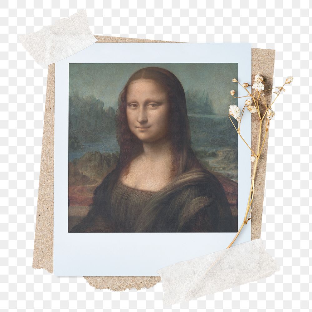Mona Lisa png sticker instant photo, aesthetic flower design, transparent background, remixed by rawpixel.