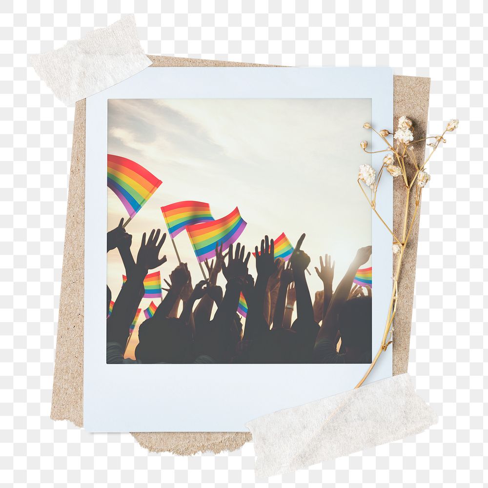 LGBTQ png sticker instant photo, aesthetic flower design, transparent background