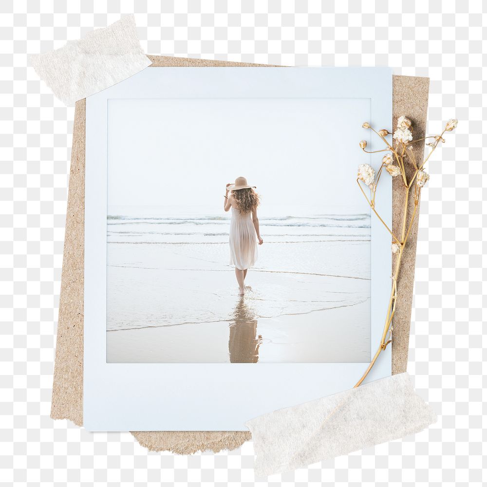 Png woman walking on beach sticker instant photo, aesthetic flower design, transparent background