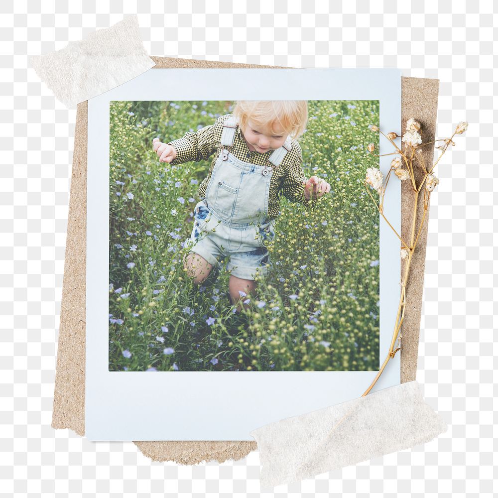 Kid png sticker instant photo, aesthetic flower design, transparent background