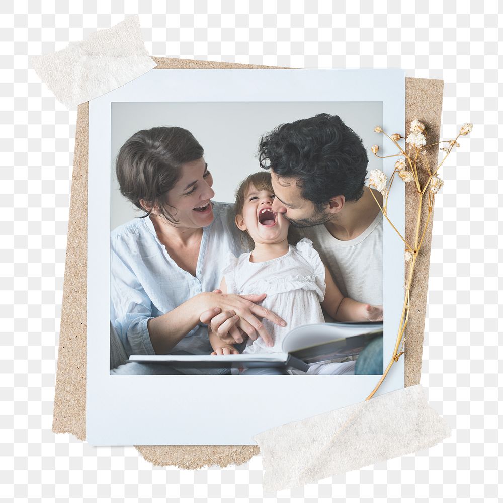 Family png sticker instant photo, aesthetic flower design, transparent background