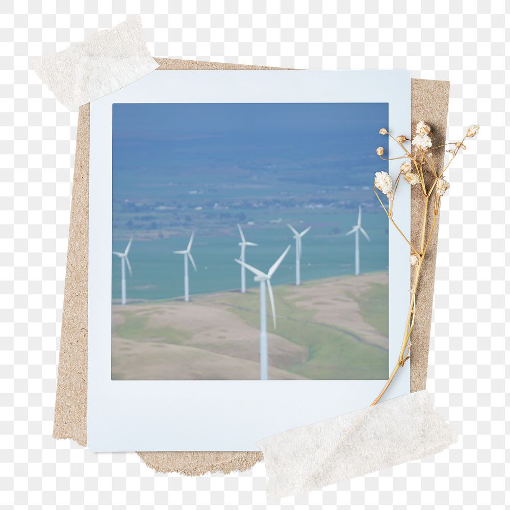 Wind turbine png sticker instant photo, aesthetic flower design, transparent background