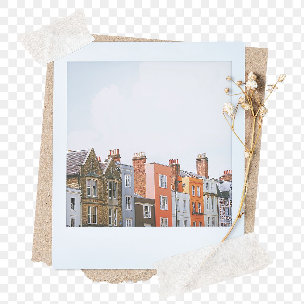 Colorful houses png sticker instant photo, aesthetic flower design, transparent background