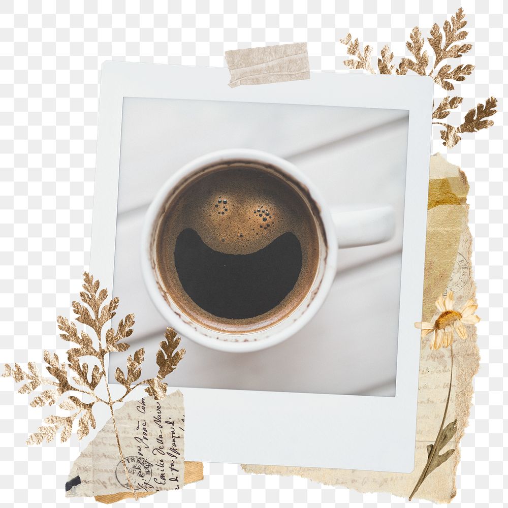 Coffee cup png sticker instant photo, aesthetic leaf design, transparent background