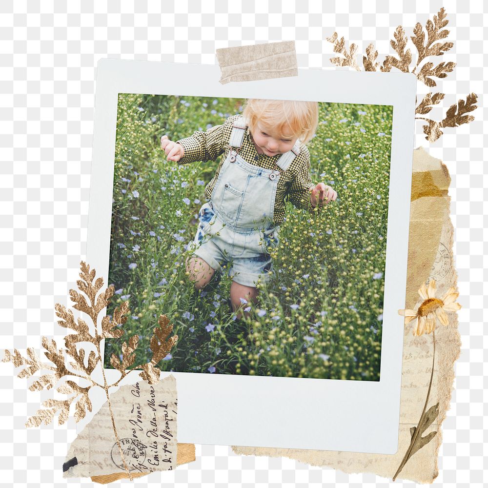Childhood png sticker instant photo, aesthetic leaf design, transparent background