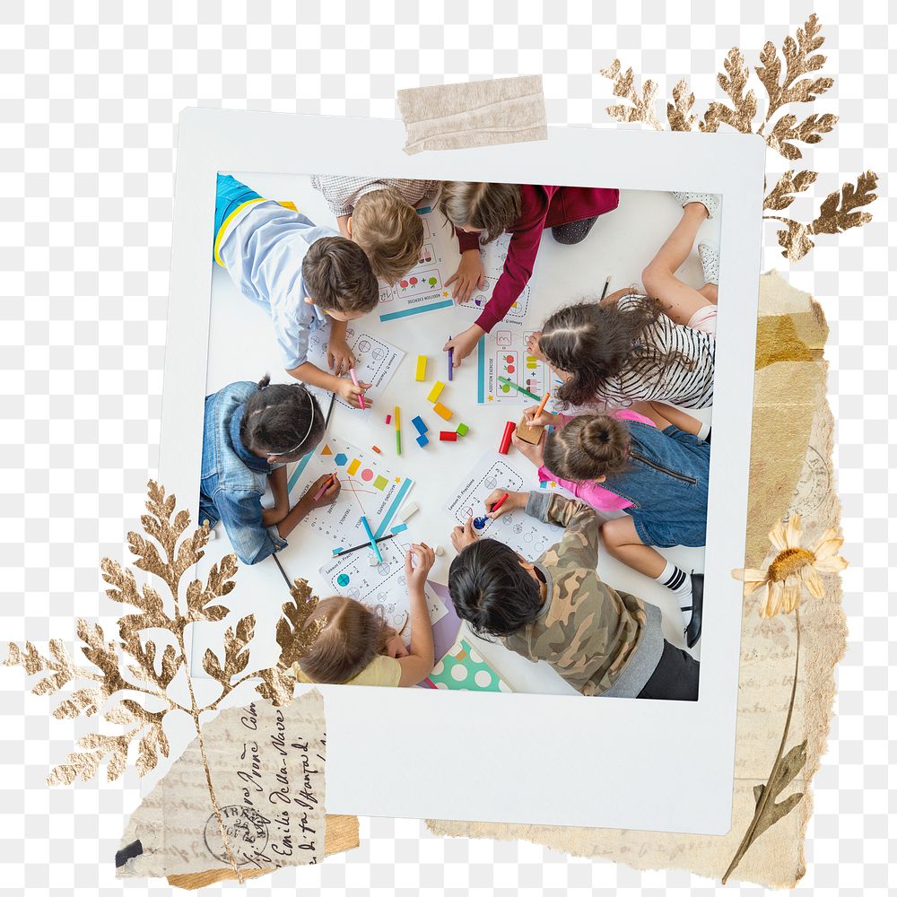 Kids learning png sticker instant photo, aesthetic leaf design, transparent background