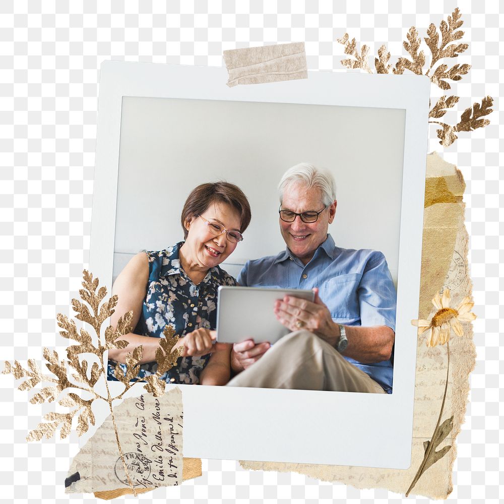 Senior couple png sticker instant photo, aesthetic leaf design, transparent background
