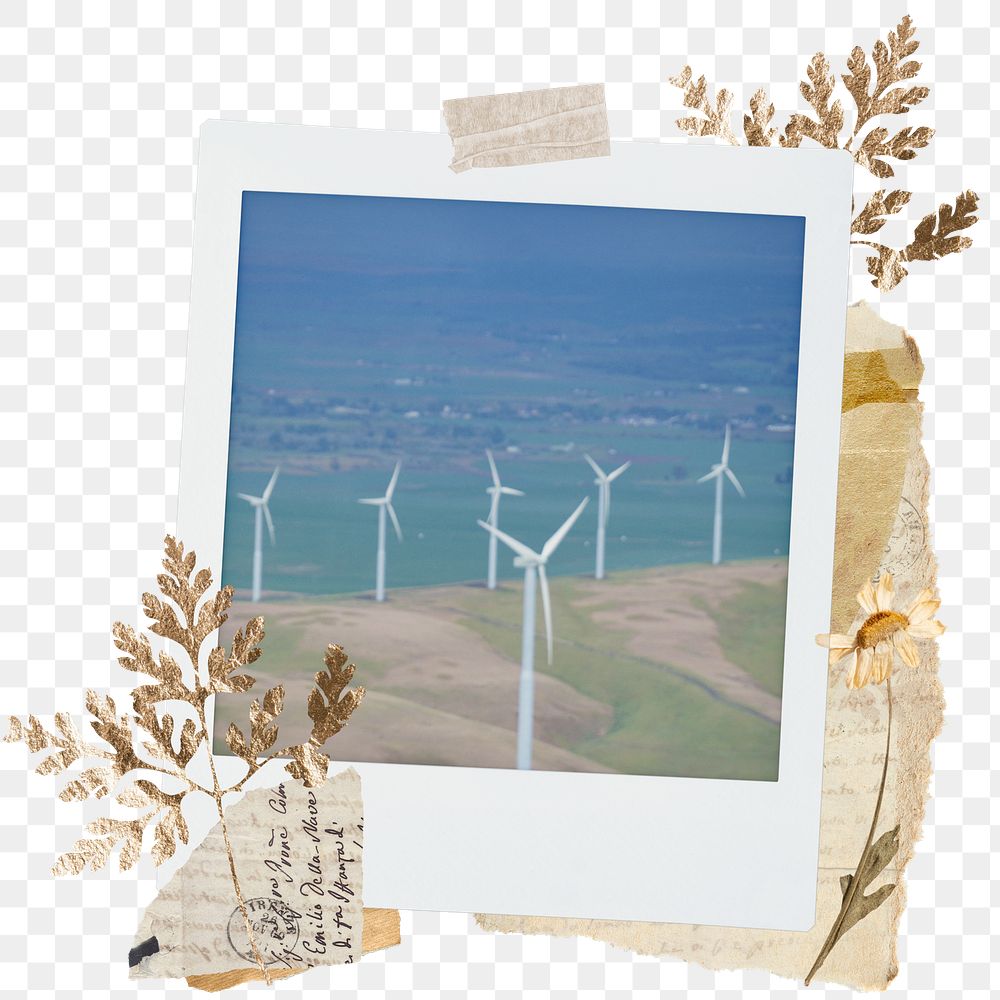 Wind turbine png sticker instant photo, aesthetic leaf design, transparent background