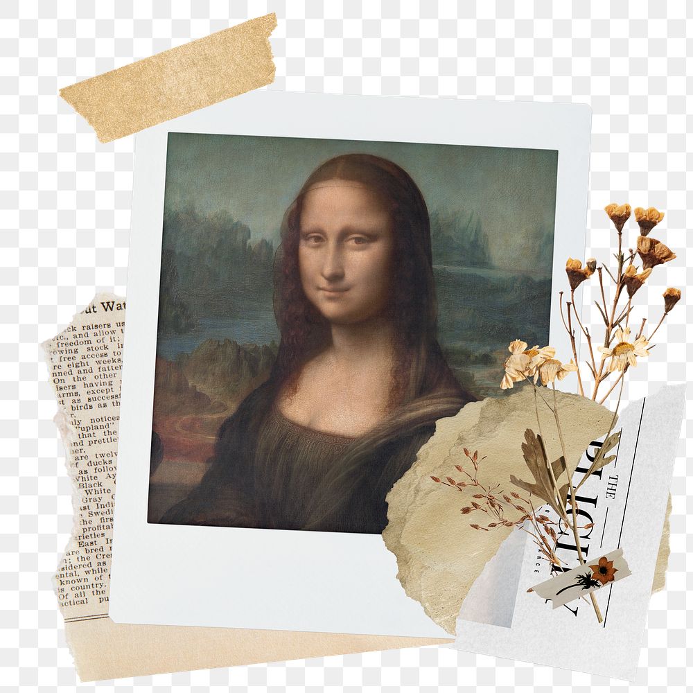 Mona Lisa png sticker instant photo, aesthetic flower design, transparent background, remixed by rawpixel.