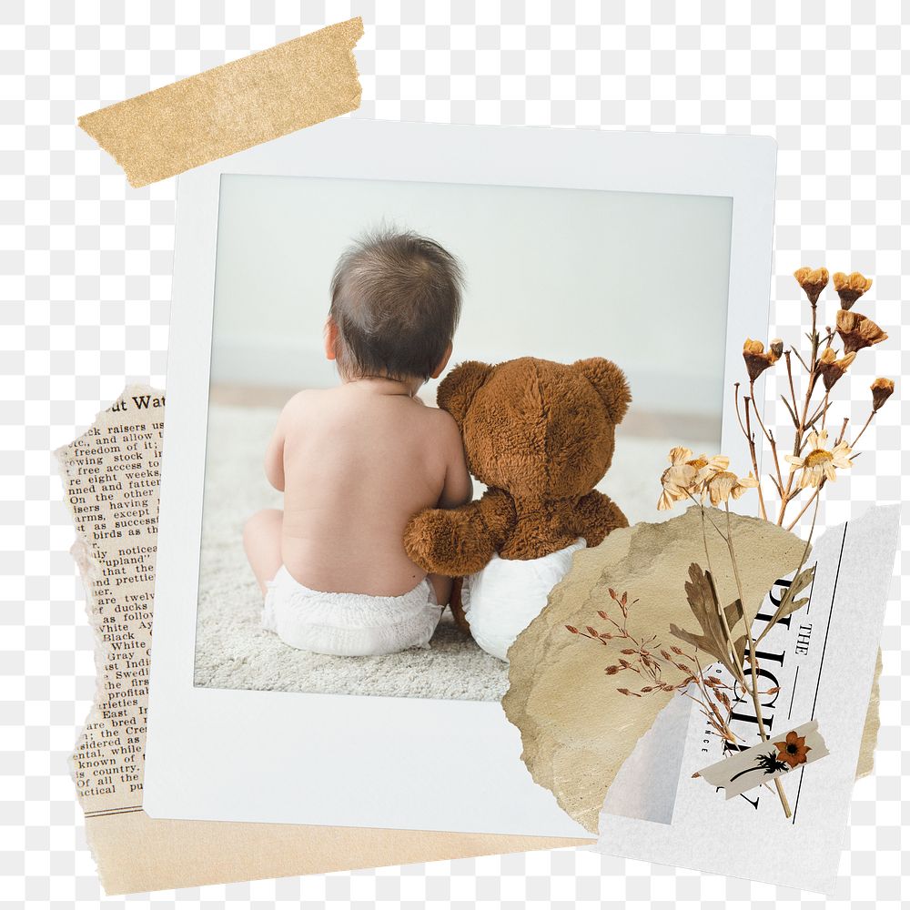 Baby & bear png sticker instant photo, aesthetic flower design, transparent background