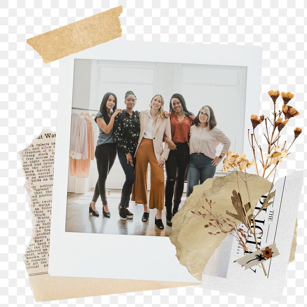 Women friendship png sticker instant photo, aesthetic flower design, transparent background