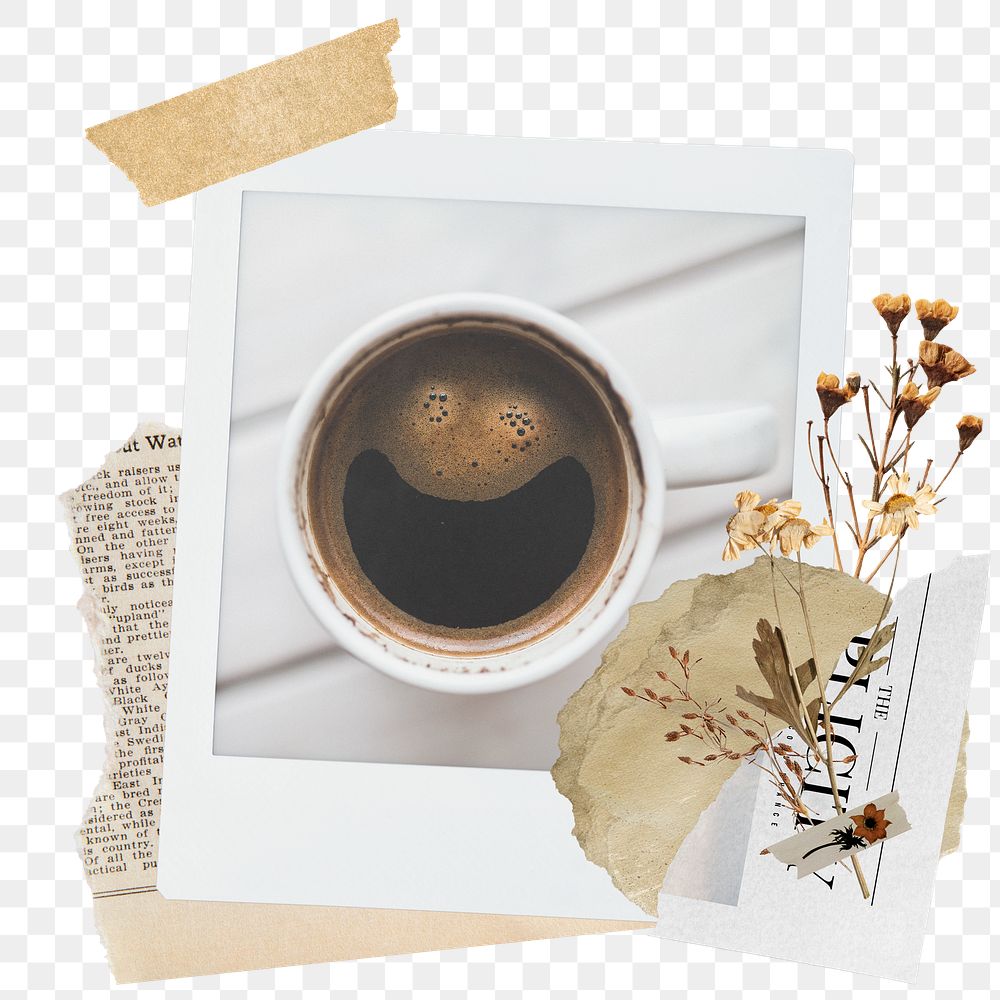 Coffee png sticker instant photo, aesthetic flower design, transparent background