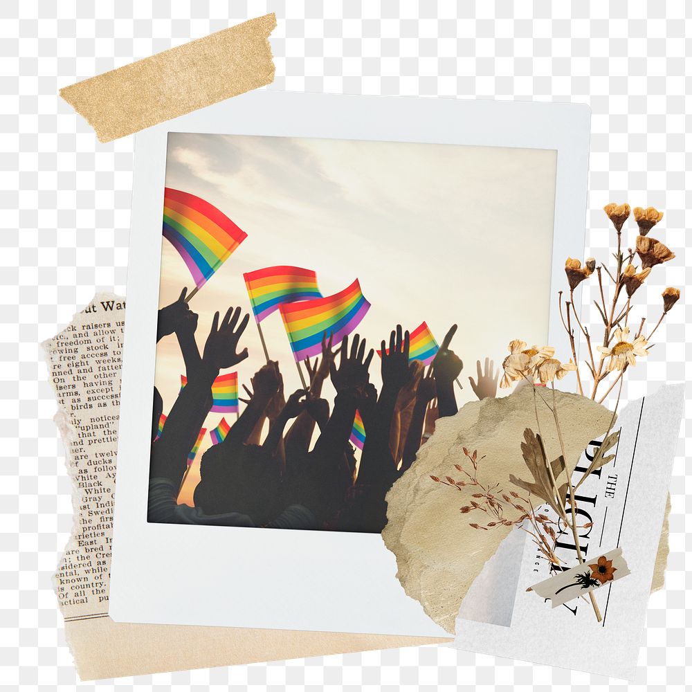 LGBTQ png sticker instant photo, aesthetic flower design, transparent background