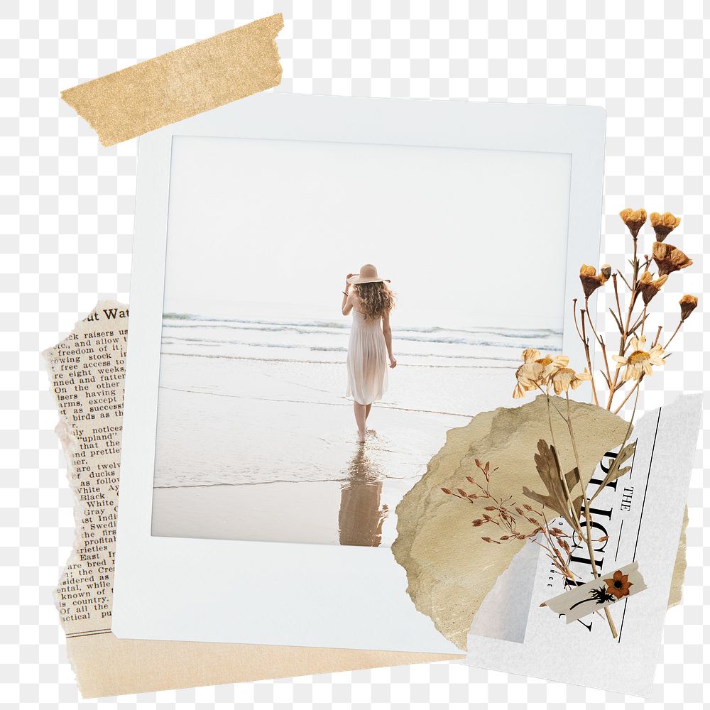 Png woman walking on beach sticker instant photo, aesthetic flower design, transparent background