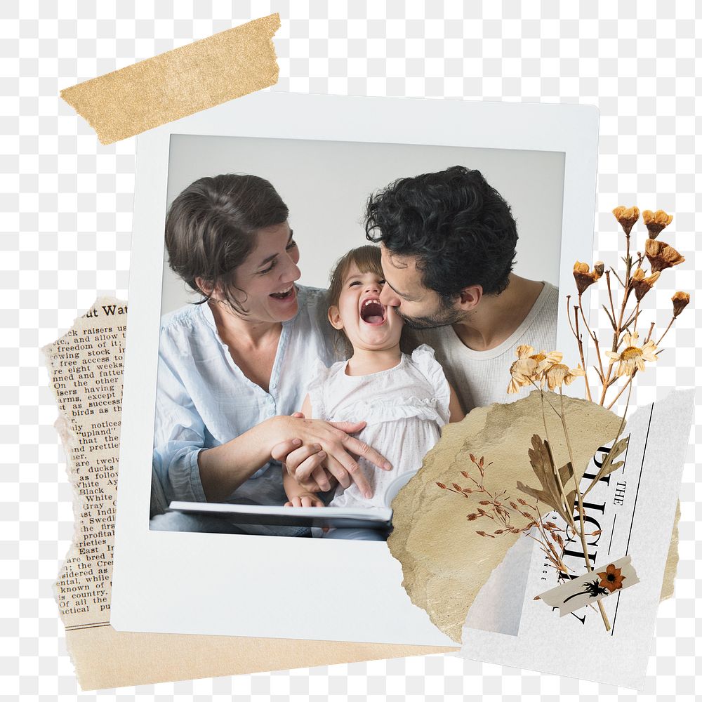 Family png sticker instant photo, aesthetic flower design, transparent background