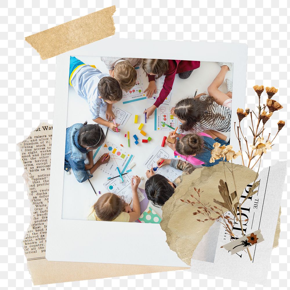 Kids learning png sticker instant photo, aesthetic flower design, transparent background