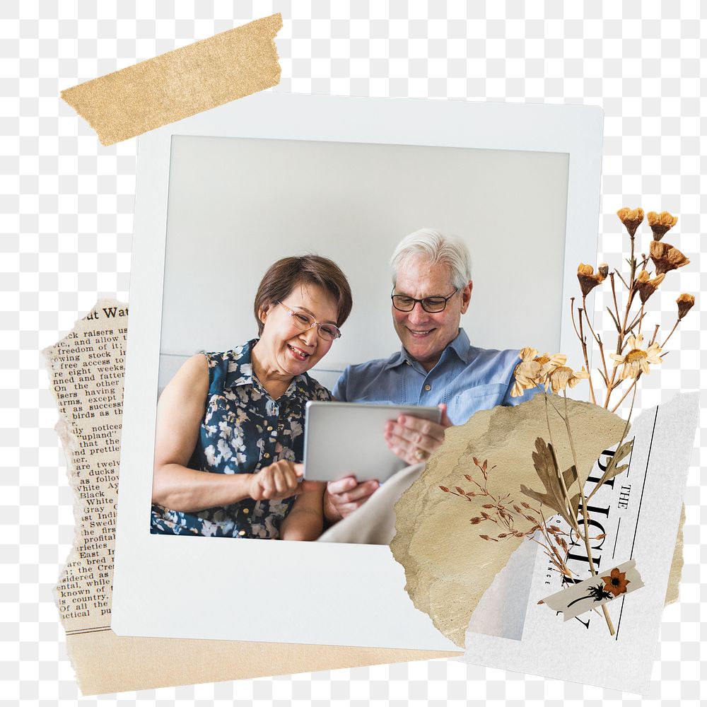Senior love png sticker instant photo, aesthetic flower design, transparent background