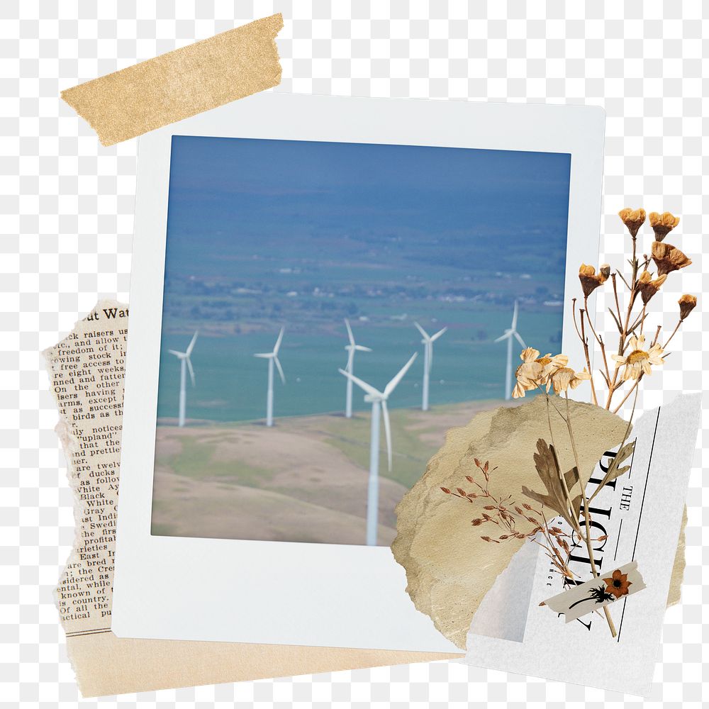 Wind turbine png sticker instant photo, aesthetic flower design, transparent background